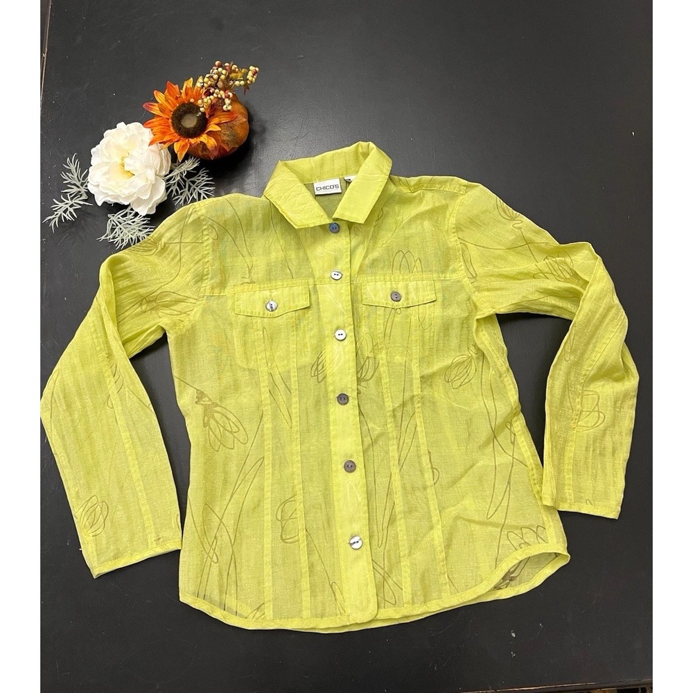 Chico's Fall Lime Green Floral Sheer Button-Up Long Sleeve Shirt Sz 1 or Med